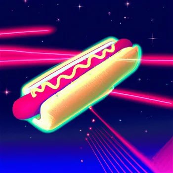 A glowing neon-style illustration of a hot dog with mustard, set against a dark background with pink laser beams and sparkles.