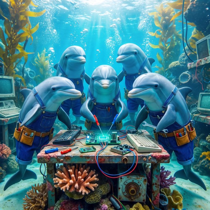 A whimsical digital illustration of five cartoon dolphins wearing blue overalls working together to repair a computer circuit board at an underwater workbench surrounded by coral and old computer monitors.
