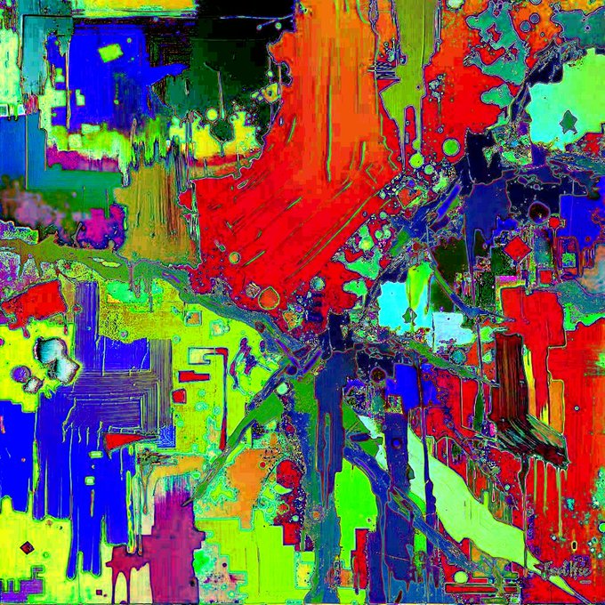 An abstract, highly colorful digital artwork filled with vibrant patches of red, green, blue, and yellow with textured, glitch-like patterns.