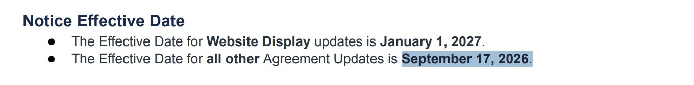 Notice listing effective dates for agreement updates: Website Display updates on January 1, 2027, and all other Agreement Updates on September 17, 2026.