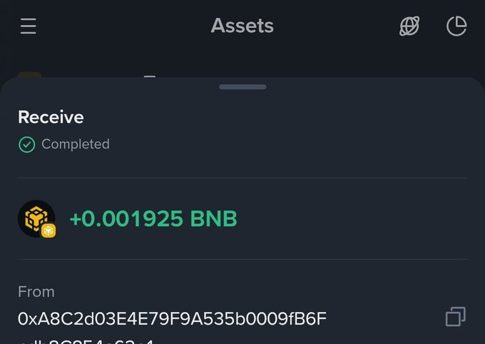 A Binance Web3 Wallet screenshot showing a completed "Receive" transaction of +0.001925 BNB from address 0xA8C2d03E4E79F9A535b0009fB6F, illustrating the small crypto earnings the post suggests users can accumulate by revoking tokens and claiming random fees.