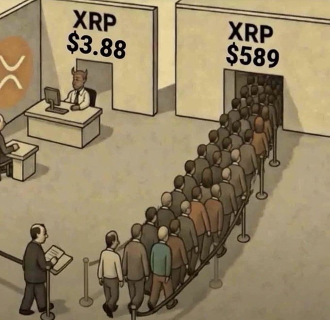 A satirical illustration depicting people lined up to buy XRP at $589, while a demon sits alone at an empty XRP $3.88 booth.