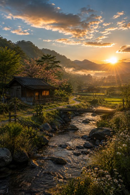 A scenic landscape at sunset or sunrise shows a traditional house beside a rocky stream, with mountains, cherry blossoms, and golden light in the sky.