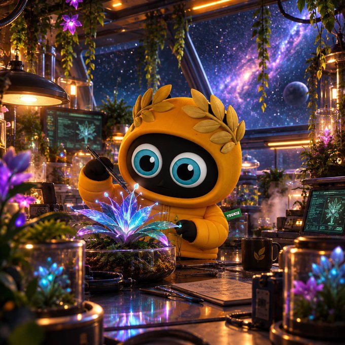 A vibrant AI-generated illustration of a cute yellow robot character with a laurel wreath tending to a glowing bioluminescent plant in a futuristic greenhouse laboratory with a space view visible through the windows.