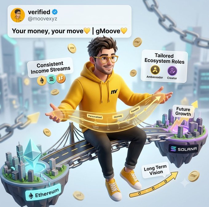 A promotional graphic for gMoove (@moovexyz) featuring a cartoon man in a yellow hoodie holding a glowing pathway between Ethereum and Solana islands, with labels like 'Consistent Income Streams,' 'Tailored Ecosystem Roles,' and 'Future Growth.'