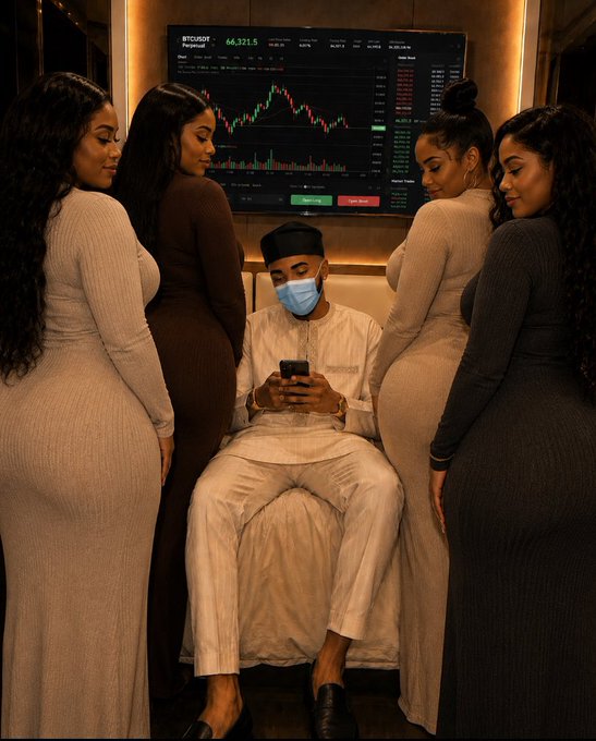 A masked man in traditional white attire sits on a bed looking at his phone, surrounded by four women in form-fitting dresses, with a BTC/USDT trading chart visible on a screen behind them.