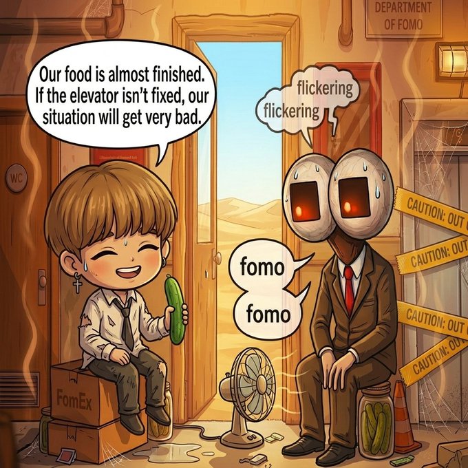 A cartoon showing a smiling boy holding a pickle next to an elevator operator with surveillance cameras for a head, featuring speech bubbles about food and a broken elevator, with 'DEPARTMENT OF FOMO' and 'FOMEx' labels.