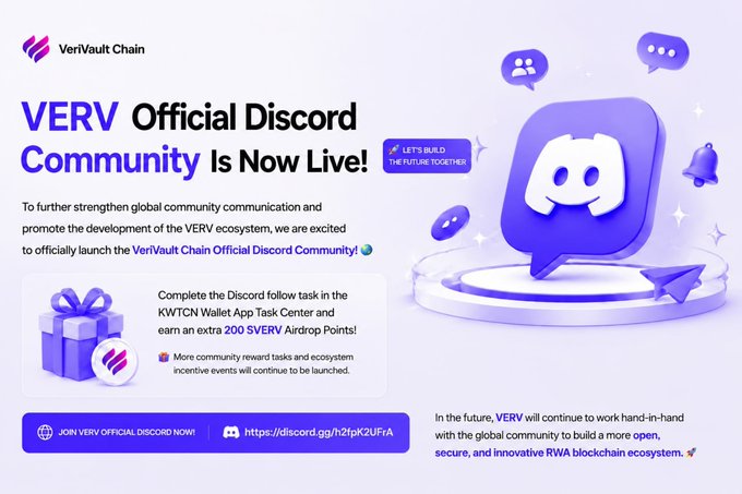 The image is a promotional announcement for the launch of the VeriVault Chain (VERV) Official Discord Community, featuring the Discord logo and an invitation to join via https://discord.gg/h2tpK2UFkA to earn an extra 200 $VERV Airdrop Points by completing the Discord follow task in the KWTCN Wallet App Task Center.
