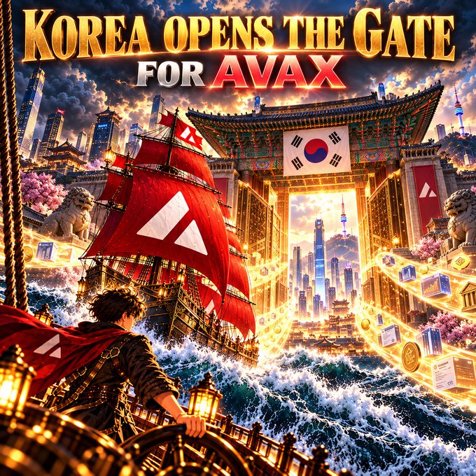 A digital artwork titled 'KOREA OPENS THE GATE FOR AVAX' depicts a figure on a ship with red Avax sails approaching a traditional Korean gate that opens to reveal a futuristic cityscape.