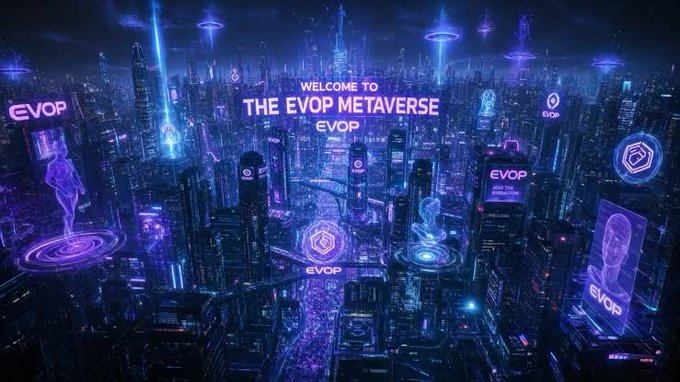 Futuristic digital artwork of a neon-lit cyberpunk cityscape with purple and blue hues, displaying the text 'Welcome to the EVOP Metaverse' and holographic billboards featuring the EVOP logo.