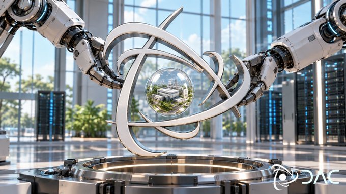 A futuristic AI-themed illustration features metallic robotic arms surrounding a glowing sphere, with server racks and a city skyline in the background.