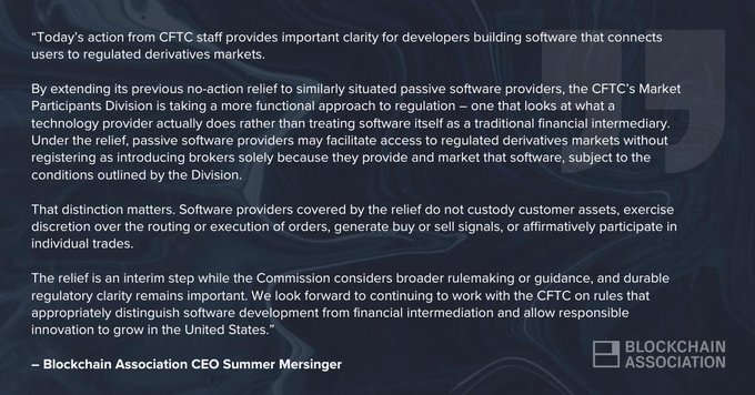 A dark blue graphic contains a statement from Blockchain Association CEO Summer Mersinger regarding the CFTC's relief for software providers in regulated derivatives markets, featuring the organization's logo in the bottom right corner.