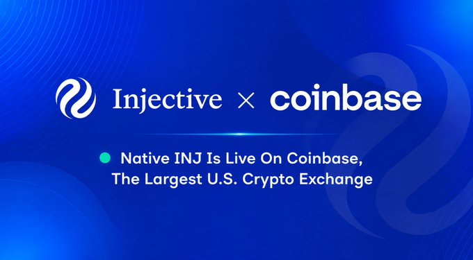 Announcement graphic showing the Injective × Coinbase partnership, stating 'Native INJ Is Live On Coinbase, The Largest U.S. Crypto Exchange'.