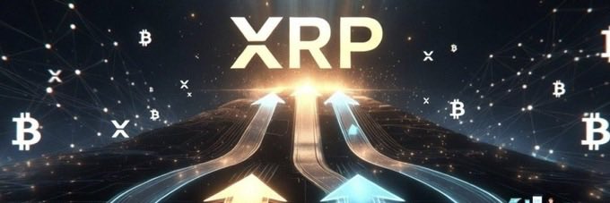A digital illustration featuring the word 'XRP' in large gold letters with glowing upward arrows, surrounded by floating Bitcoin (₿) symbols and a network pattern on a dark background.