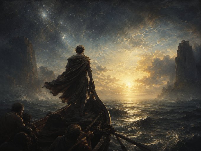 A lone figure in flowing robes stands at the prow of a small wooden boat, gazing toward a radiant sunset breaking through storm clouds over a turbulent sea, with shadowy craggy cliffs flanking both sides and companions seated in the vessel below. The scene visually echoes Dante and Ulysses' epic voyage into the unknown—mirroring the accompanying post's quote about human origins and the pursuit of knowledge, just as Bitcoiners journey beyond conventional boundaries in search of deeper truth.