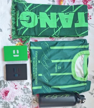 A flat-lay arrangement of green branded merchandise including a scarf, t-shirt, and box, all featuring the 'LANVIN' logo and 'ELEVENTHWORLDSHOP' text, laid on a floral surface.
