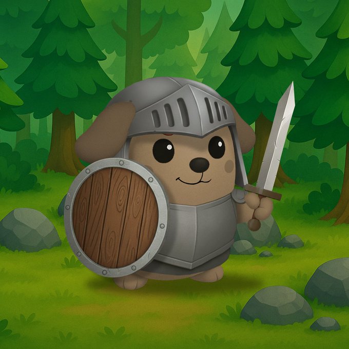 A cartoon illustration of a cute puppy wearing a silver knight's helmet and armor, holding a wooden shield and a sword while standing in a green forest with rocks and pine trees.