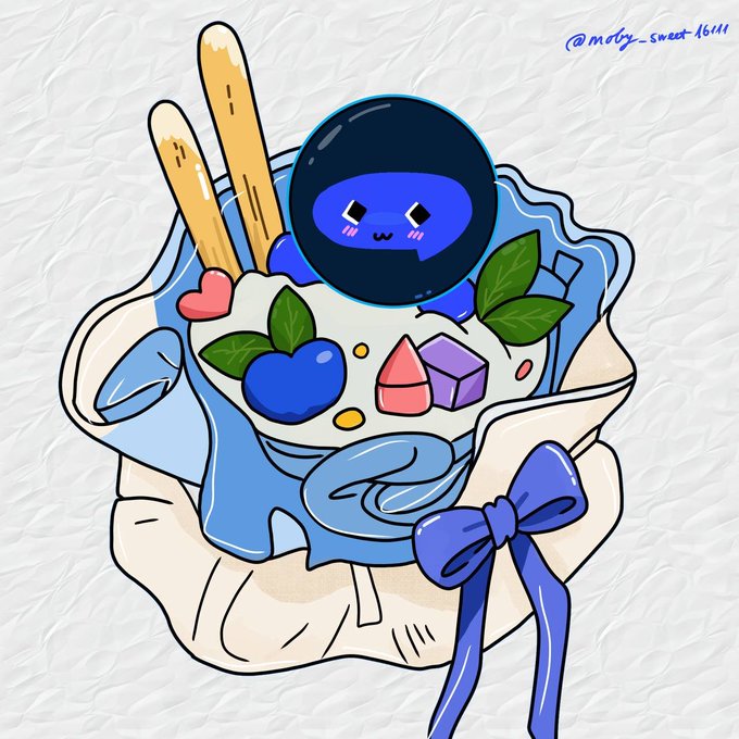 A cute cartoon illustration depicts a small blue creature with a smiling face nestled in a cup or bag alongside dessert items like pocky sticks, fruit, and a pink cube, tied with a blue ribbon and signed '@motty_sweet_16111'.