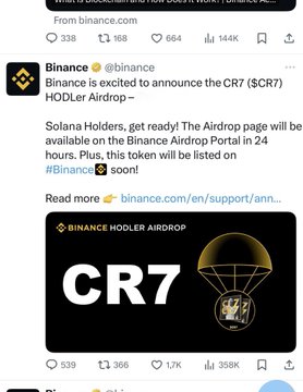 A social media post from Binance announcing 'Binance is excited to announce the CR7 ($CR7) HODLer Airdrop' with text about Solana holders and a graphic reading 'BINANCE HODLER AIRDROP CR7'.