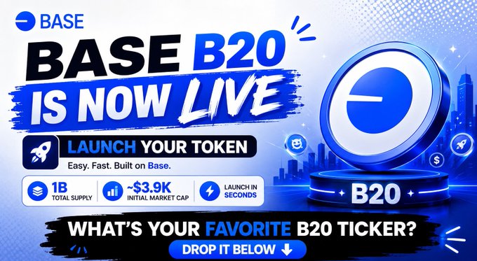 The image is a vibrant promotional graphic announcing "BASE B20 IS NOW LIVE," featuring a glowing blue Base logo and highlighting features like "LAUNCH YOUR TOKEN," "1B TOTAL SUPPLY," "~$3.9K INITIAL MARKET CAP," and "LAUNCH IN SECONDS," with a call-to-action asking "WHAT'S YOUR FAVORITE B20 TICKER?" The post ties directly into this by hyping the new B20 launchpad on Base as a prime opportunity to capitalize on the upcoming meme coin season for generational onchain wealth.