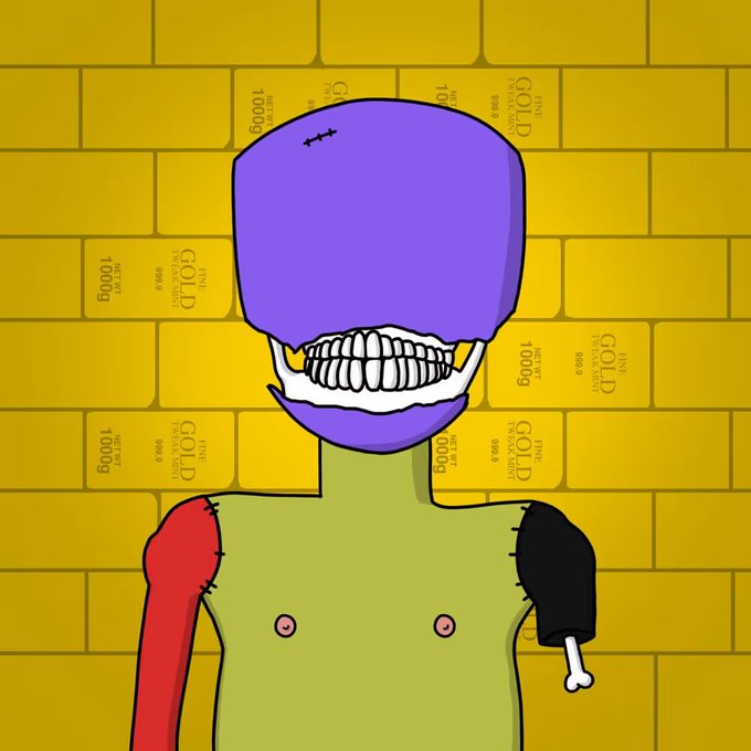 A cartoon illustration of a stitched-together figure with a large purple head, bared teeth, and mismatched limbs, standing against a yellow brick wall covered in 'FINE GOLD 999.9 NET WT 1000g' inscriptions.