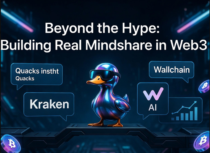 The image features a cartoon duck wearing sunglasses standing on top of a computer screen with various text elements surrounding it. The text includes phrases such as "Beyond the Hype", "Building Real Mindshare in Web3", "Quacks institut", "Wallchain", and "WALCHAIN". These words are related to the concept of building real mindshare in the world of Web3, which is a topic that has been discussed on this platform. The duck serves as a visual representation of the idea behind the integration of Quackers into the Web3 ecosystem.