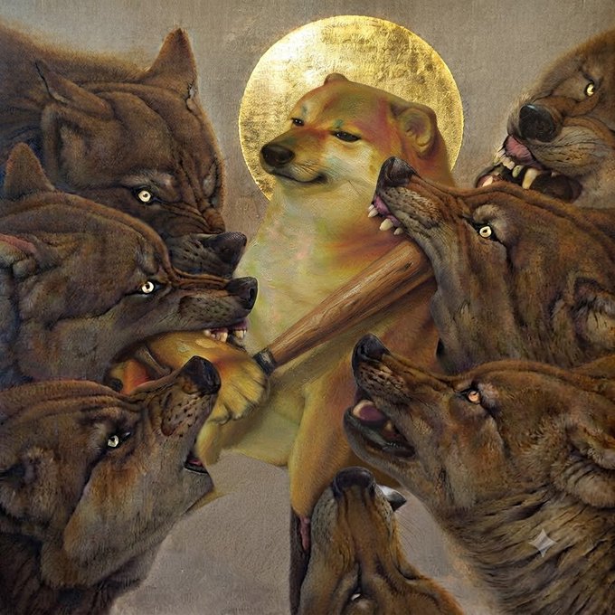 A surreal, stylized painting depicting a dog with a golden halo, holding a wooden club while surrounded by a pack of aggressive brown wolves.