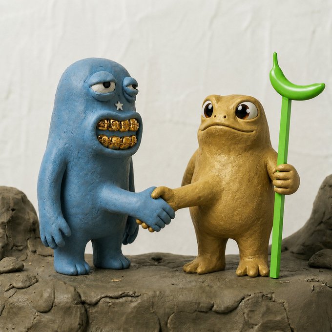 A claymation-style sculpture of two monster figures shaking hands; a blue creature with gold teeth and a brown one holding a green staff, standing on a rocky surface.