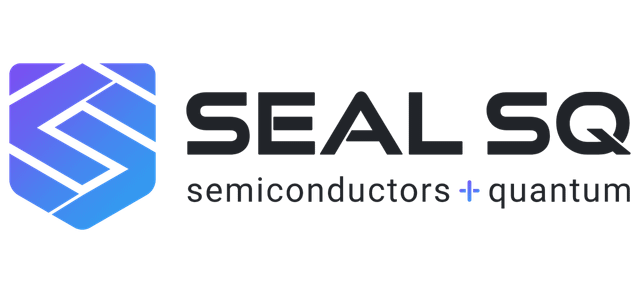 The image shows the SEAL SQ logo, featuring a purple-to-blue gradient hexagonal emblem alongside the company name "SEAL SQ" and the tagline "semiconductors + quantum" in dark gray text. The logo visually represents the brand identity of SEALSQ, the company partnering with GlobalFoundries to advance post-quantum cryptography and quantum computing technologies.
