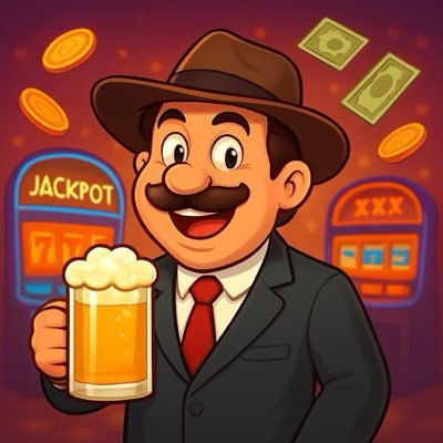 Cartoon illustration of a smiling man in a fedora and suit holding a frothy mug of beer, surrounded by floating coins and dollar bills in front of slot machines labeled 'JACKPOT' and 'XXX'.