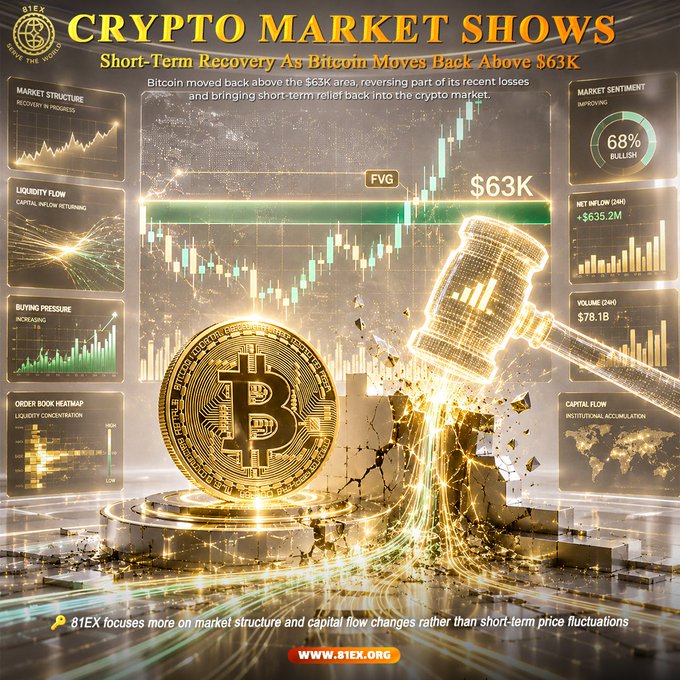 The image is a promotional graphic from 81EX featuring a glowing golden Bitcoin being struck by a hammer, with a candlestick chart showing BTC reclaiming the $63K level and surrounding data panels highlighting bullish sentiment (68%), $63.5M net inflow, $78.1B 24h volume, and institutional capital accumulation. It visually reinforces the post's message of short-term market recovery, emphasizing Bitcoin's rebound above $63K and renewed buying pressure across market structure, liquidity flow, and order book metrics.