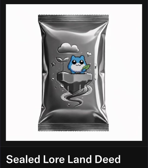 A sealed silver pouch labeled "Sealed Lore Land Deed" features a blue toad-like character standing on a floating landmass with a sprout, cloud, and stars, visually representing the concealed TobyWorld lore item where the Land, Core, Relic, and Keeper remain hidden until revelation, as described in the accompanying post for the $TOBY token.