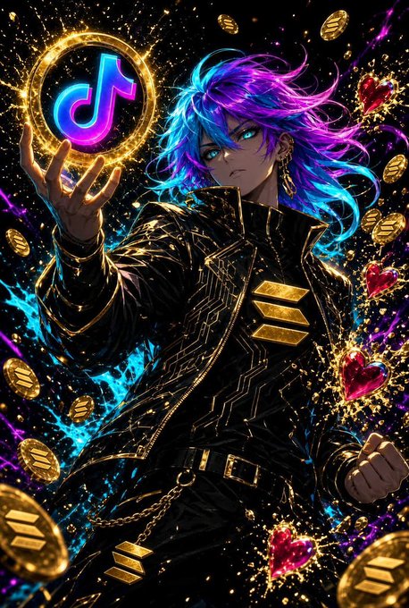 An anime-style illustration of a character with flowing purple and blue hair in a dark jacket, holding up a glowing TikTok logo, surrounded by floating gold coins and red hearts against a dark background.