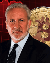 Peter Schiff, a well-known Bitcoin critic, is pictured in front of a red background featuring a large golden Bitcoin emblem. The image accompanies a post warning investors that Schiff is advising them to sell both Bitcoin and Strategy ($MSTR), citing concerns over Michael Saylor's potential need to liquidate BTC and discounted shares to support $STRC near its $100 target.