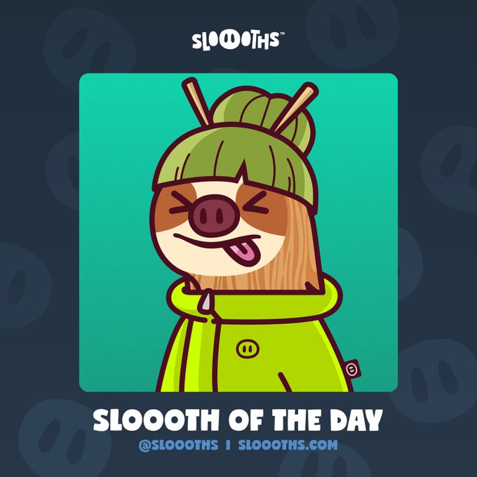 A cartoon illustration featuring a sloth wearing a green beanie and yellow hoodie, with its tongue sticking out, labeled 'SLOOOTHS - SLOOOTH OF THE DAY' along with social media handle @sloooths and website sloooths.com.