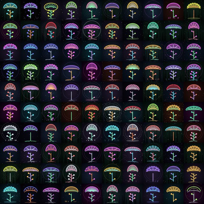 A grid of neon-style flower icons in various vibrant colors on a dark background, each depicted with a glowing semi-circular bloom and stem.