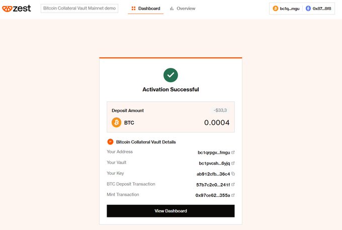A Zest Bitcoin Collateral Vault Mainnet demo screen shows 'Activation Successful' for a 0.0004 BTC (~$33.3) deposit.