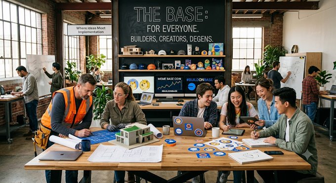 A diverse group of creators and builders collaborate around a wooden table filled with blueprints, stickers, and tablets, while a wall sign declares "THE BASE: FOR EVERYONE. BUILDERS, CREATORS, DEGENS."—visually reinforcing the post's message that Base is an inclusive hub for fast, affordable, and community-driven development.