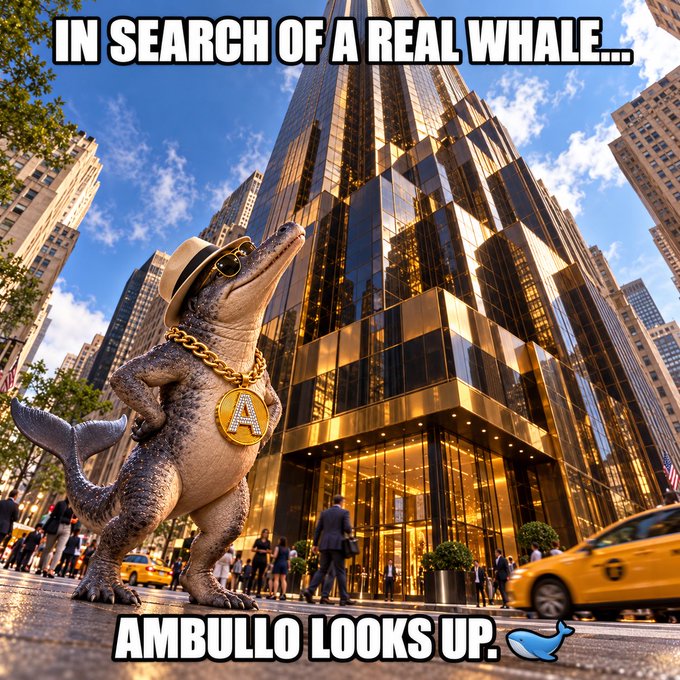 A humorous meme with the text 'IN SEARCH OF A REAL WHALE...' at the top and 'AMBULLO LOOKS UP. 🐋' at the bottom, showing a small dinosaur-like creature wearing sunglasses and gold chains standing in front of a tall golden skyscraper.