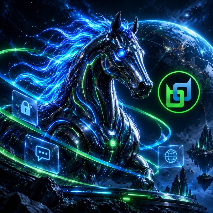 A vibrant digital artwork featuring a metallic cybernetic horse with glowing blue mane, set against a cosmic backdrop with a green logo, lock icons, and chat bubbles.