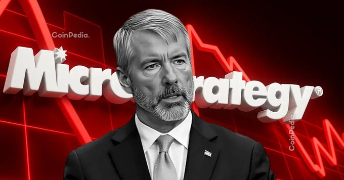 The image shows a man in a suit with a beard, set against a red background featuring the "MicroStrategy" logo and descending chart lines, illustrating Michael Saylor and his company's financial troubles as Bitcoin drops below $60,000, impacting his $STRC stability claims.