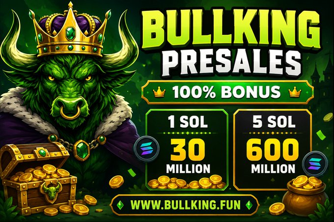 A promotional graphic for the "$BULLKING" token presale featuring a crowned green bull, advertising a 100% bonus offer with tiered pricing: 1 SOL for 30 million tokens and 5 SOL for 600 million tokens, directing viewers to www.bullking.fun.