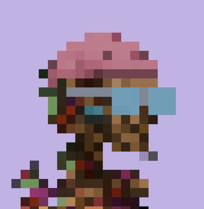 A pixel art illustration of a character wearing a pink and brown hat with blue sunglasses against a light purple background.