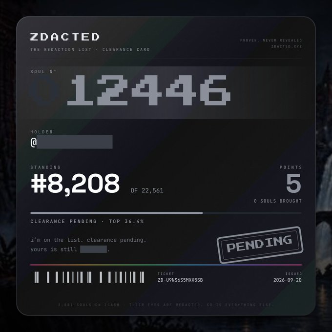 A digital "ZDACTED" clearance card showing Soul #12446 with holder information redacted, ranking #8,208 of 22,561, and status marked PENDING with ticket ZD-U9NS6S5MXX5SB issued 2026-09-28.