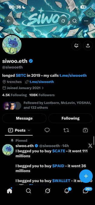 A mobile screenshot of a Twitter/X profile for 'siwoo.eth' (@siwooeth) with 108K followers, showing pinned tweets about crypto tokens $CATE, $PAID, and $WALLET.