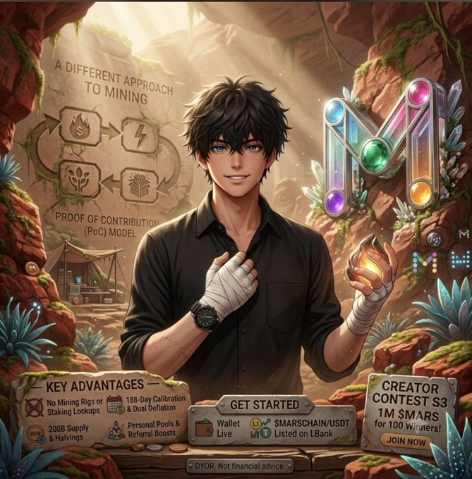 An anime-style promotional graphic for a cryptocurrency project featuring a dark-haired male character holding a glowing orb, with text reading 'A DIFFERENT APPROACH TO MINING' and 'PROOF OF CONTRIBUTION (PoC) MODEL', alongside a gemstone 'M' logo and key details like 'CREATOR CONTEST S3' and 'JOIN NOW'.