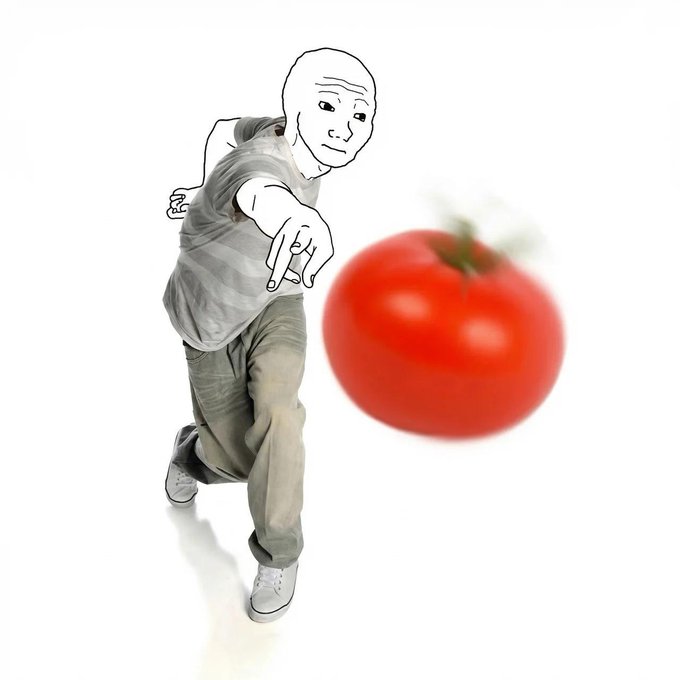 A Wojak-headed figure lunges toward a red tomato mid-air, as if about to get hit in the face — visually representing the post's warning that bears (short sellers) will "reap what they sow" and feel the sting of a squashing.