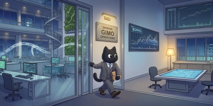 An illustrated scene showing an anthropomorphic black cat wearing a gray suit walking out of an office labeled 'DIVISION: GIMO OPERATIONS' into a high-tech trading room filled with monitors displaying stock charts.