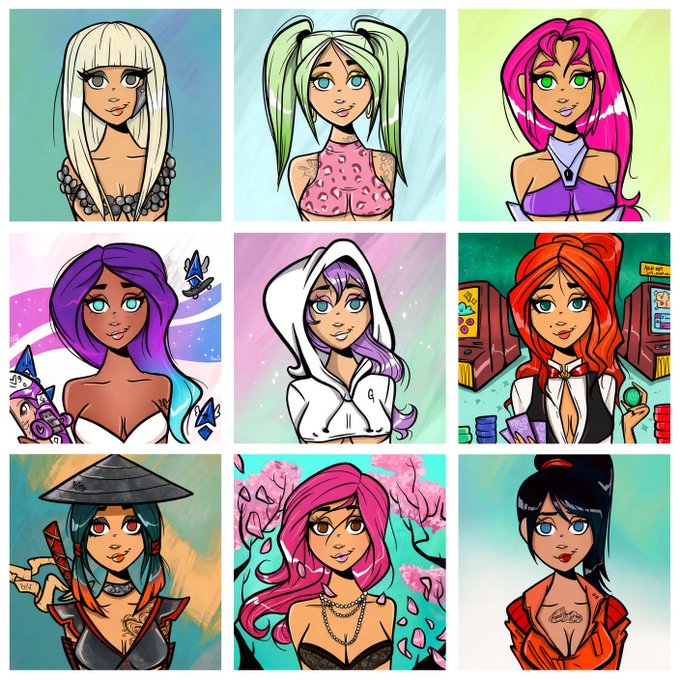 A grid of nine colorful digital illustrations features stylized portraits of female characters with various hair colors and outfits in different artistic settings.