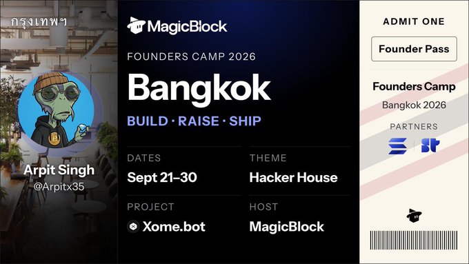 An event ticket and promotional graphic for "MagicBlock Founders Camp 2026" in Bangkok, running Sept 21-30 with the theme "Hacker House," featuring Arpit Singh (@Arpitx35) and highlighting project "Xome.bot" as the host MagicBlock. The graphic ties into the post by showcasing the founder and project behind the AI-powered agentic payments solution being discussed.